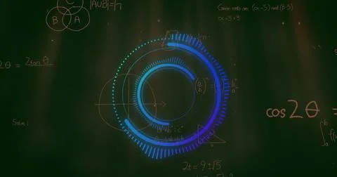 Image of scope scanning over mathematical equations on black background Stock Photos