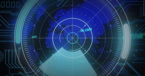Image of scope scanning over microprocessor connections over world map on b.. Stock Photos