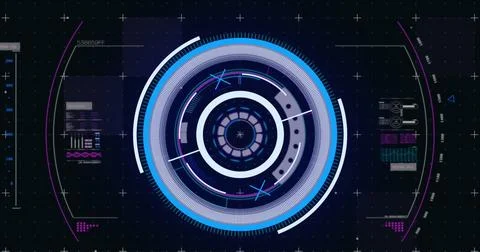 Image of scope scanning over neon round scanner and data processing against 스톡 사진