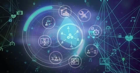 Image of scope scanning over network of connections and data processing Illustrazione stock
