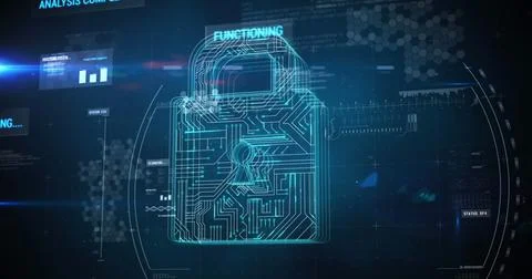 Image of scope scanning over security padlock icon and data processing on black Stock Illustration