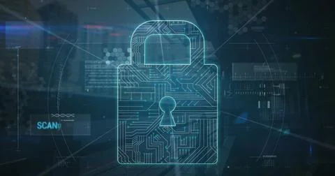 Image of scope scanning over security padlock icon, network of connections and Stock Photos