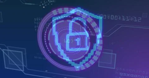 Image of scope scanning with padlock icon over data processing Stock Illustration