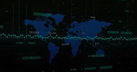 Image of scope scanning with padlock icon over data processing and world map on Stock Illustration