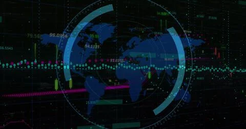 Image of scope scanning with padlock icon over data processing and world map on Ilustração Stock