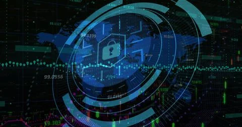 Image of scope scanning with padlock icon over data processing and world map on Stock Illustration
