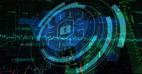 Image of scope scanning with padlock icon over data processing and world map on Stock Illustration