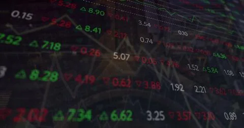 Image of scope scanning with padlock icon and graph over stock market on black Ilustração Stock