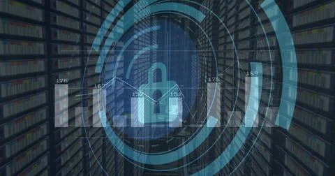 Image of scope scanning with padlock icon over graph and server room Stock Illustration