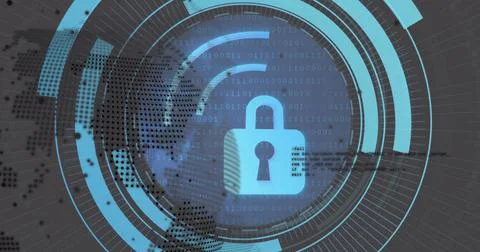 Image of scope scanning with padlock icon and data processing over globe on 库存插图