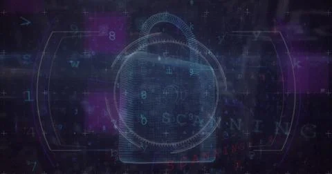 Image of scope scanning with padlock icon and data processing on black 스톡 사진