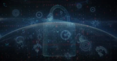 Image of scope scanning with padlock icon and data processing over globe Stock Photos