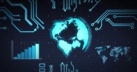Image of scope scanning, processor elements, globe and data processing over grid Stock Illustration