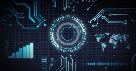 Image of scope scanning, processor elements and data processing over grid on Stock Illustration