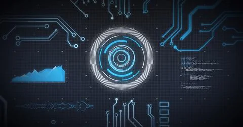 Image of scope scanning, processor elements and data processing over grid on Ilustração Stock