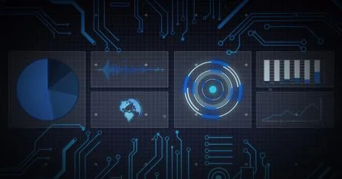 Image of scope scanning, processor elements and data processing on screens over イラスト素材