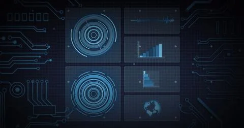 Image of scope scanning, processor elements and data processing on screens over Stock Illustration