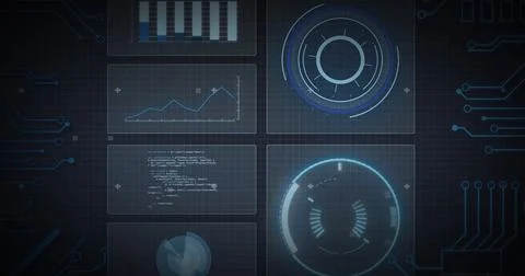 Image of scope scanning, processor elements and data processing on screens over Illustrazione stock