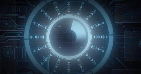 Image of scope scanning, processor elements and data processing on screens over Stock Illustration