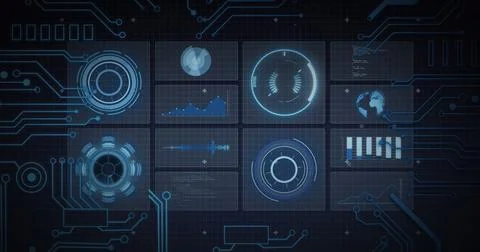 Image of scope scanning, processor elements and data processing on screens over Ilustração Stock