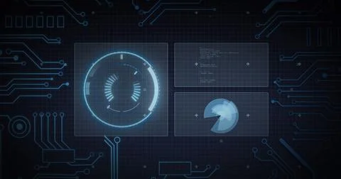 Image of scope scanning, processor elements and data processing on screens over Stock Illustration