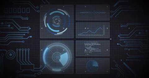 Image of scope scanning, processor elements and data processing on screens over Illustrazione stock