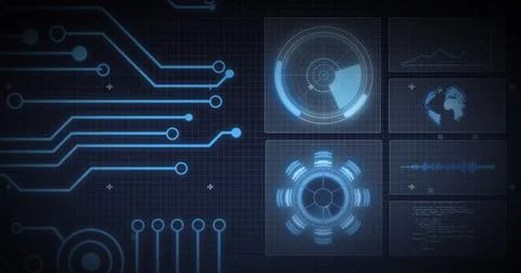 Image of scope scanning, processor elements and data processing on screens over Stock Illustration