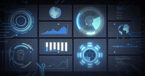 Image of scope scanning, processor elements and data processing on screens over Illustrazione stock