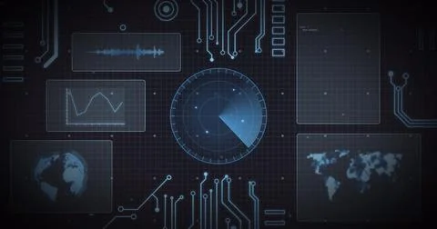 Image of scope scanning, processor elements and data processing on screens over Stock Illustration