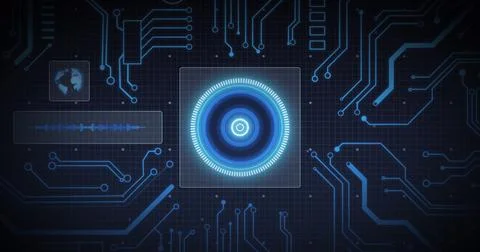 Image of scope scanning, processor elements and data processing on screens over Stock Illustration