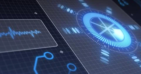 Image of scope scanning, processor elements and data processing on screens over Stock Illustration