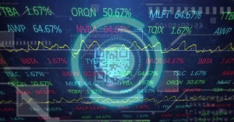 Image of scope scanning with qr code over stock market on black background イラスト素材