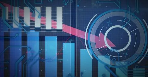 Image of scope scanning with red arrow and statistics on blue background Stock Illustration