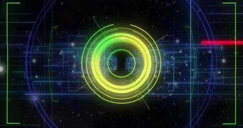 Image of scope scanning with shapes over light trails on black background Stockillustratie
