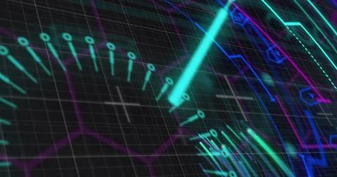 Image of scope scanning with shapes over light trails on black background 库存插图