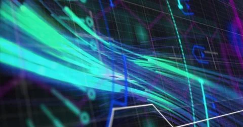 Image of scope scanning with shapes over light trails on black background Stockillustratie