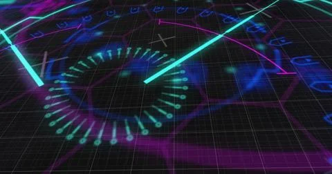 Image of scope scanning with shapes over light trails on black background Stock Illustration