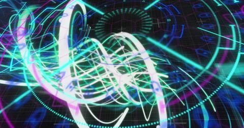 Image of scope scanning with shapes over light trails on black background Illustrazione stock