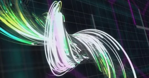 Image of scope scanning with shapes over light trails on black background Stock Illustration