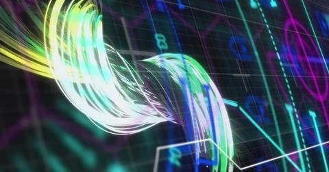 Image of scope scanning with shapes over light trails on black background 스톡 일러스트