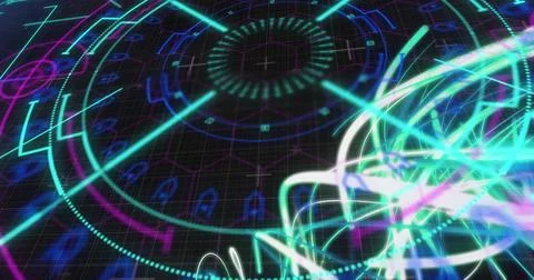 Image of scope scanning with shapes over light trails on black background Stock Illustration