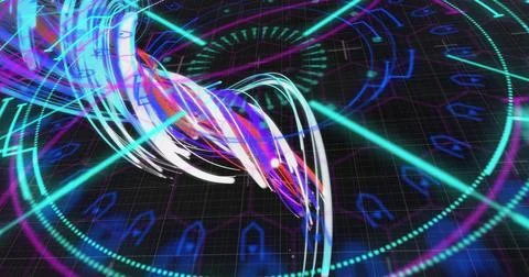 Image of scope scanning with shapes over light trails on black background Stock Illustration