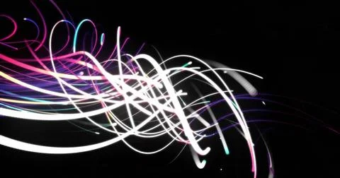 Image of scope scanning with shapes over light trails on black background Stock Illustration