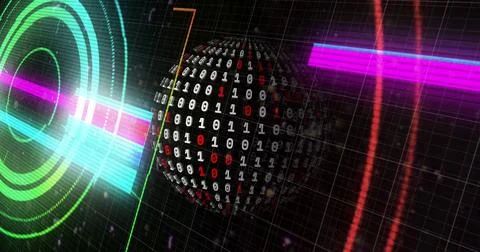 Image of scope scanning with shapes over globe with data processing on black Illustrazione stock