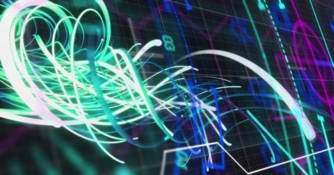 Image of scope scanning with shapes over light trails on black background Stockillustratie