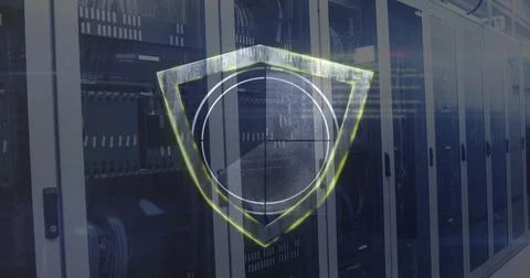 Image of scope scanning with shield and data processing over computer servers Stock Illustration