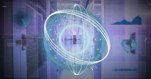 Image of scope scanning with white lines and data processing over server room Stockfoto's