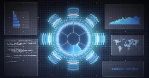 Image of scope scanning, world map and data processing on screens over grid Illustrazione stock