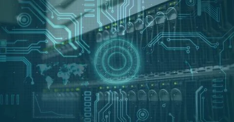 Image of scope scanning, world map and computer elements over computer server Stock Illustration
