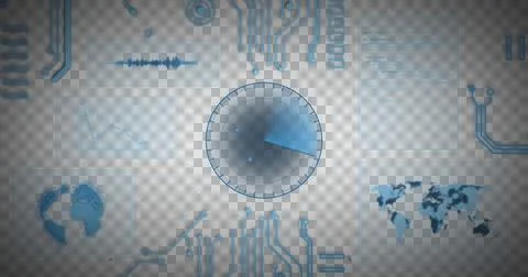 Image of scope scanning with world map, data processing and blue circuit board Stock Illustration